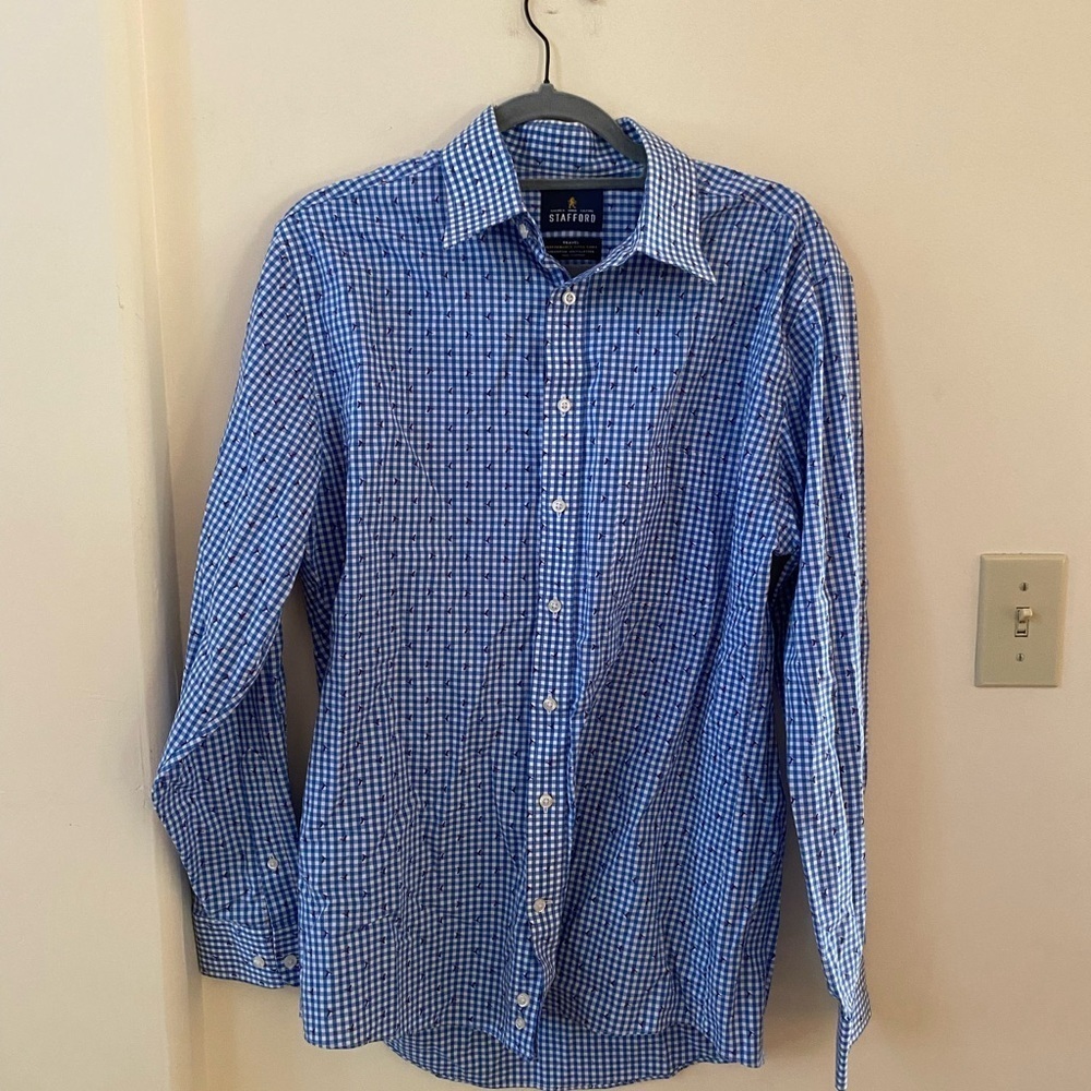 STAFFORD BLUE CHECKERED GINGHAM MENS BUTTON DOWN SHIRT 15.5 34-35 BIRDS PATTERN